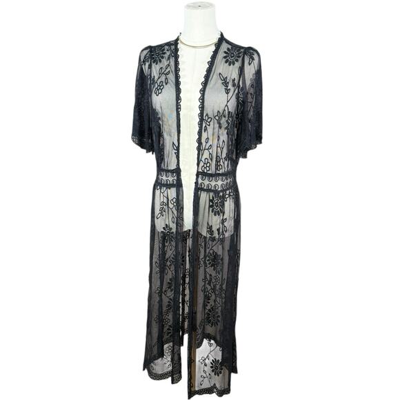 Black Sheer Lace Duster Kimono Cardigan Cotton Fairy Witchy Grunge Women’s Large - Picture 2 of 12